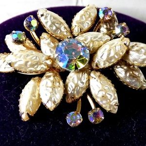 Gold tone pearly stones & Aurora borealis pin